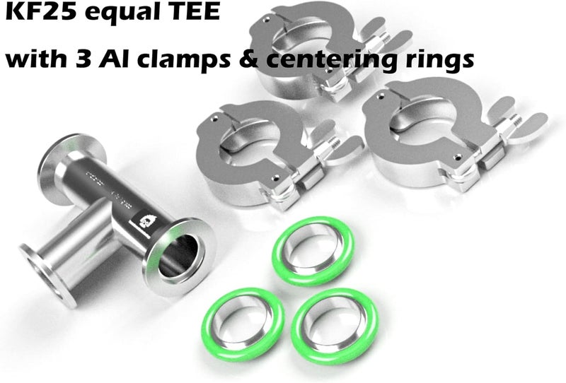 BROWNIAN MOTION TECHNOLOGY bmotiontech superior grade ISO-KF NW25 KF25 Flange Tee Fitting with 3 sets of Aluminum wing nut clamps & O-rings (KF25 equal TEE w/ 3 clamps) - Image 2